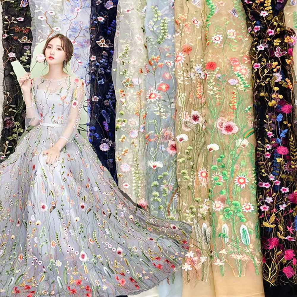 Embroidery Abaya - Gestickter Wasserpflanzen-Spitzenstoff, 3D-Blumen-Tüll-Netz pro Meter für