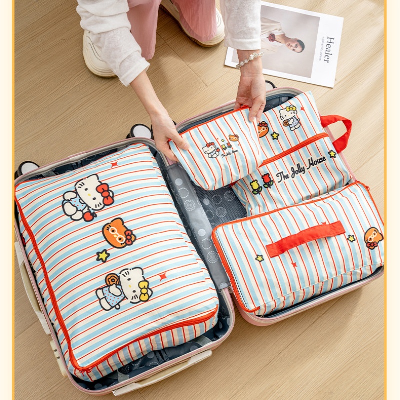 Embroidery Wallet - Hello Kitty Gestreifte Reise-Aufbewahrungstaschen Wasserdichte Koffer-Organizer-Tasche