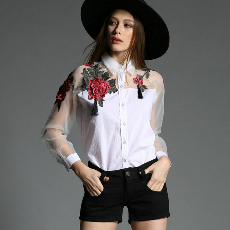 Embroidery Underlay - Damenmode Blumenstickerei Chiffonbluse Langarm Hohlnetz Spleißen