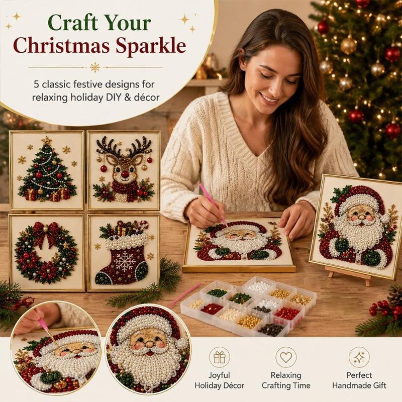 Embroidery Xmas Ornaments - Weihnachts-Weihnachtsmann-Perlenkunst DIY Perlenstickerei-Set Gerahmte Wanddekoration Weihnachtsgeschenk