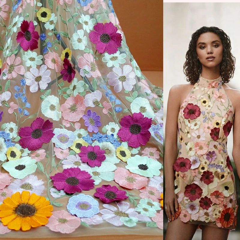 Embroidery Underlay - Bunte 3D-Blumen-Spitzenstoff, DIY-Hochzeitskleid, luxuriös, neueste dreidimensionale