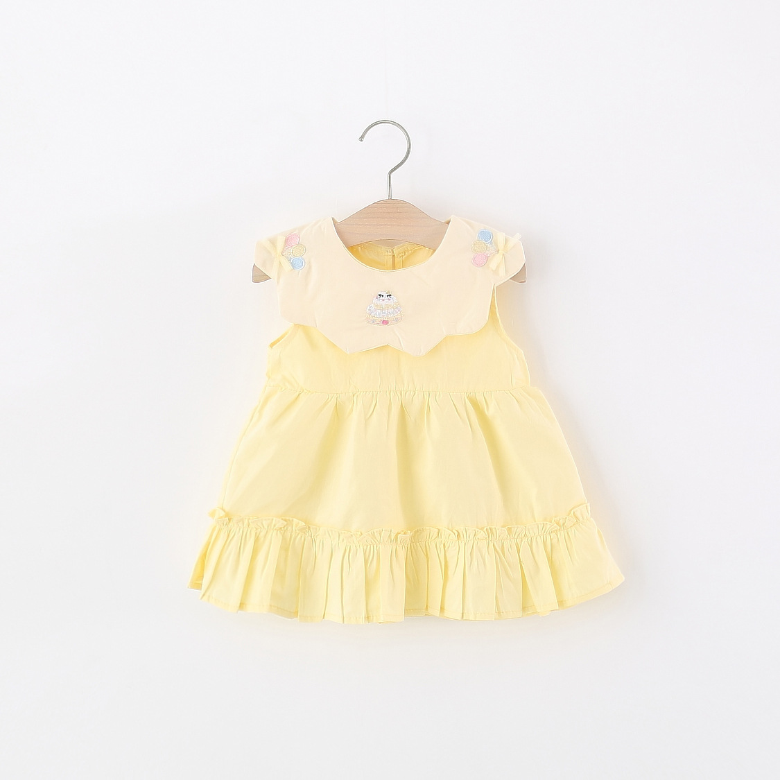 Embroidery Yellow Dress - Gelbes Baumwollkleid für Kleinkinder, ärmellos, Peter-Pan-Kragen,