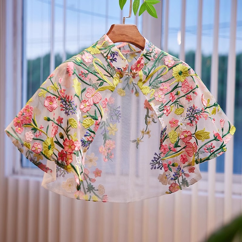 Embroidery Underlay - Damen Frühling Sommer Blumenstickerei Mesh-Spitze Pashmina